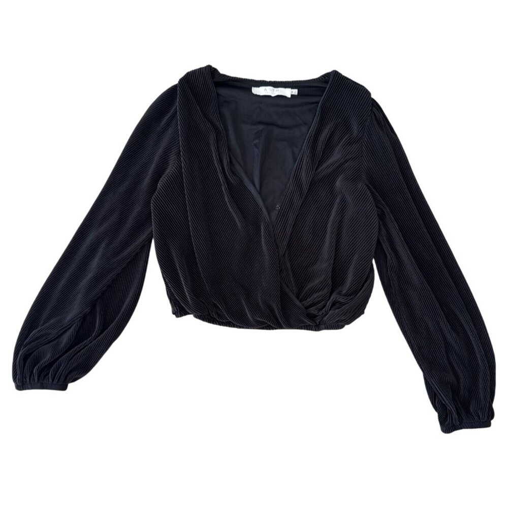 ASTR The Label Womens Black Pleated Long Sleeve Wrap Top XS